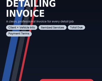 May include: A digital template for a mobile car detailing invoice featuring the text AURABYROBBIE QUICK-LOOK TEMPLATE, MOBILE CAR DETAILING INVOICE, A clean, professional invoice for every detail job, Client + Vehicle Info, Itemized Services, Total Due, Payment Terms.