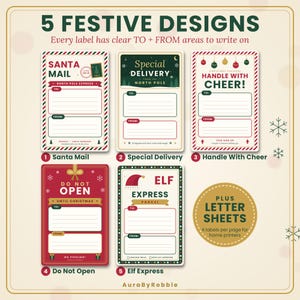 May include: Five rectangular Christmas gift labels with festive designs and text including Santa Mail, Special Delivery, Handle With Cheer, Do Not Open, and Elf Express. Each label features designated To and From lines for writing names.