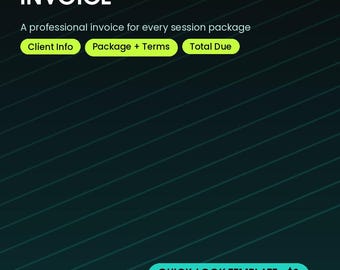 May include: A digital template for a personal training invoice with a dark green background and diagonal lines. Text includes AURABYROBBIE, QUICK-LOOK TEMPLATE, PERSONAL TRAINING INVOICE, A professional invoice for every session package, Client Info, Package + Terms, Total Due, and QUICK-LOOK TEMPLATE $3.