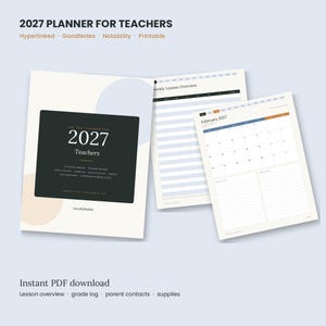 May include: A 2027 digital planner for teachers featuring a dark cover with the text 2027 Teachers, alongside internal pages showing a weekly lesson overview and a February 2027 calendar grid with lined sections for notes and to-do lists.