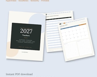 May include: A 2027 digital planner for teachers featuring a dark cover with the text 2027 Teachers, alongside internal pages showing a weekly lesson overview and a February 2027 calendar grid with lined sections for notes and to-do lists.