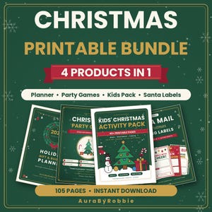 Christmas Printable Bundle, 105 Pages: Holiday Planner, Party Games, Kids Activities & Santa Mail Labels PDF immagine 1