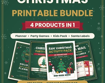 May include: A Christmas printable bundle featuring four products in one: a holiday gift and budget planner, party games, a kids' Christmas activity pack with 40+ pages, and Santa mailing labels. The dark green digital set includes 105 pages total.