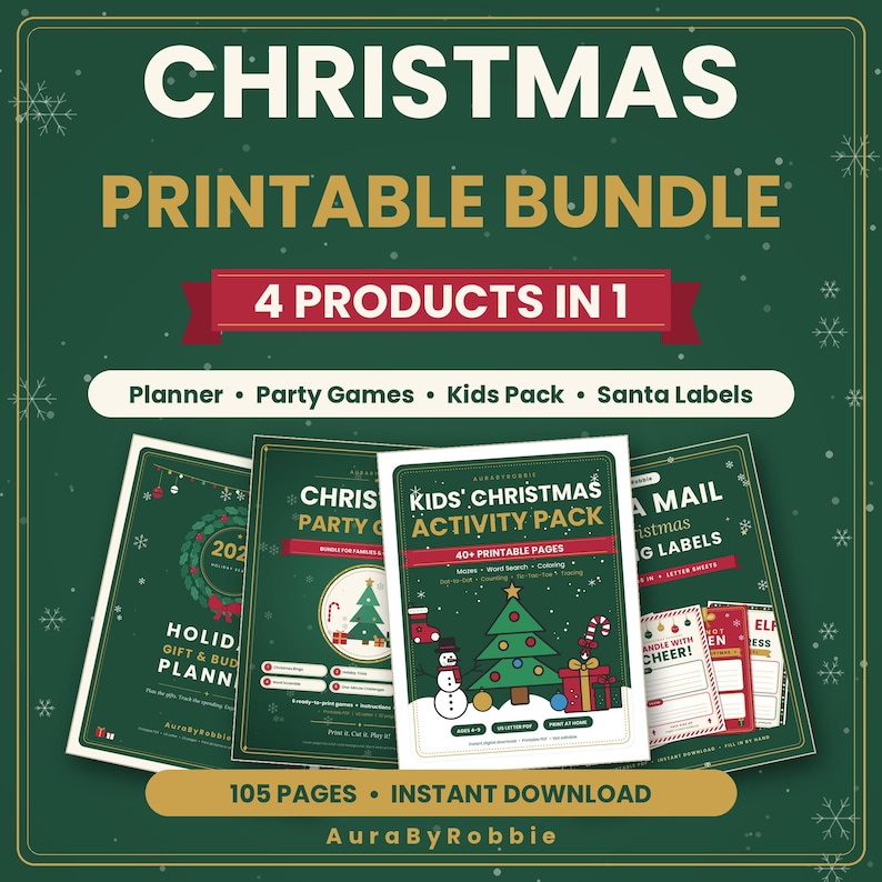 Christmas Printable Bundle, 105 Pages: Holiday Planner, Party Games, Kids Activities & Santa Mail Labels PDF immagine 1