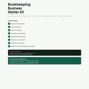 May include: A digital document titled Bookkeeping Business Biz Starter Kit. It lists eight components including a Service & Pricing Guide, Client Intake Form, Invoice Template, Monthly Close Calendar, Social Post, Checklist, Flyer, and a Launch Guide.