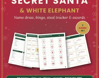 Peut inclure: Un ensemble de jeux Secret Santa et White Elephant comprenant 24 pages imprimables avec tirage au sort, bingo, suivi des vols et récompenses. Le fond rouge affiche du texte blanc et doré avec des flocons et un badge 2 jeux en 1.