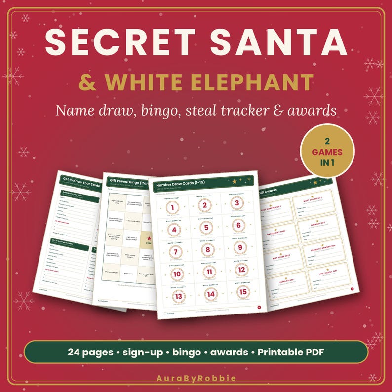 Kit para imprimir de Amigo Secreto, Troca de Presentes Elefante Branco, Cartões para Sorteio de Nomes, Jogos para Festa de Natal no Escritório, Bingo de Troca de Presentes em PDF imagem 1