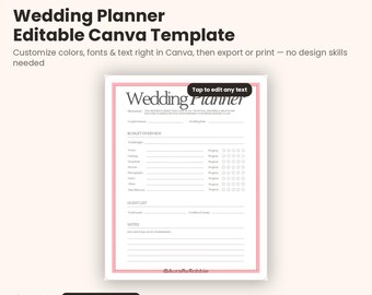 May include: A digital wedding planner template with a pink border, featuring sections for budget overview, guest list, and notes. The text includes "Wedding Planner," "Budget Overview," "Guest List," "Notes," and "Tap to edit any text" on a white background.