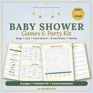 May include: A digital baby shower games and party kit featuring a mobile graphic, the text "BABY SHOWER Games & Party Kit", "Bingo | Quiz | Word Search | Emoji Puzzles | Planner", and "PRINT AT HOME". Includes printable game sheets.