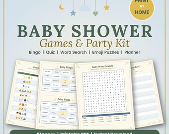 May include: A digital baby shower games and party kit featuring a mobile graphic, the text "BABY SHOWER Games & Party Kit", "Bingo | Quiz | Word Search | Emoji Puzzles | Planner", and "PRINT AT HOME". Includes printable game sheets.
