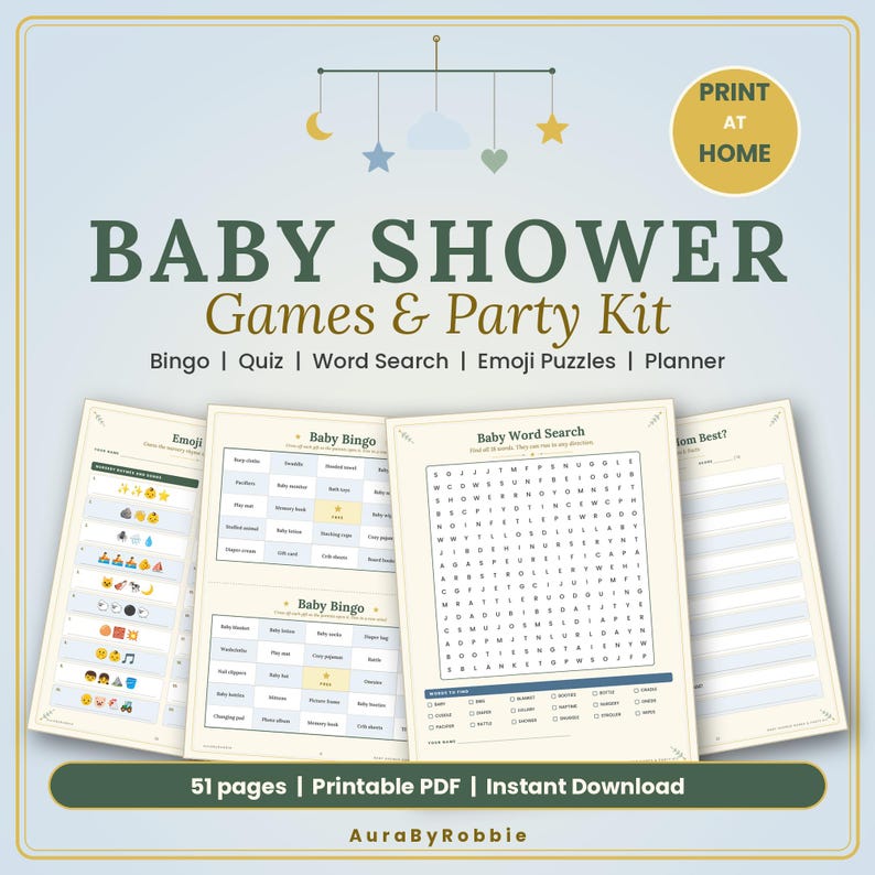 May include: A digital baby shower games and party kit featuring a mobile graphic, the text "BABY SHOWER Games & Party Kit", "Bingo | Quiz | Word Search | Emoji Puzzles | Planner", and "PRINT AT HOME". Includes printable game sheets.