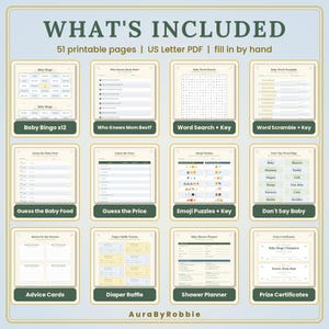 May include: A collection of 51 printable baby shower game pages in US Letter PDF format. The set includes Baby Bingo, Who Knows Mom Best, Word Search, Word Scramble, Guess the Baby Food, Guess the Price, Emoji Puzzles, Don't Say Baby, Advice Cards, Diaper Raffle tickets, a Shower Planner, and Prize Certificates.