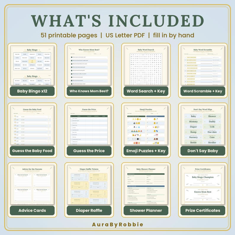 May include: A collection of 51 printable baby shower game pages in US Letter PDF format. The set includes Baby Bingo, Who Knows Mom Best, Word Search, Word Scramble, Guess the Baby Food, Guess the Price, Emoji Puzzles, Don't Say Baby, Advice Cards, Diaper Raffle tickets, a Shower Planner, and Prize Certificates.