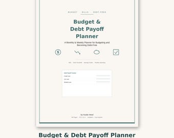 Puede incluir: Un planificador de presupuesto y pago de deudas en PDF imprimible con fondo crema y texto en verde azulado oscuro. La portada incluye el título, iconos de dinero, deuda, ahorros y una lista de verificación, además de un rastreador de deudas.