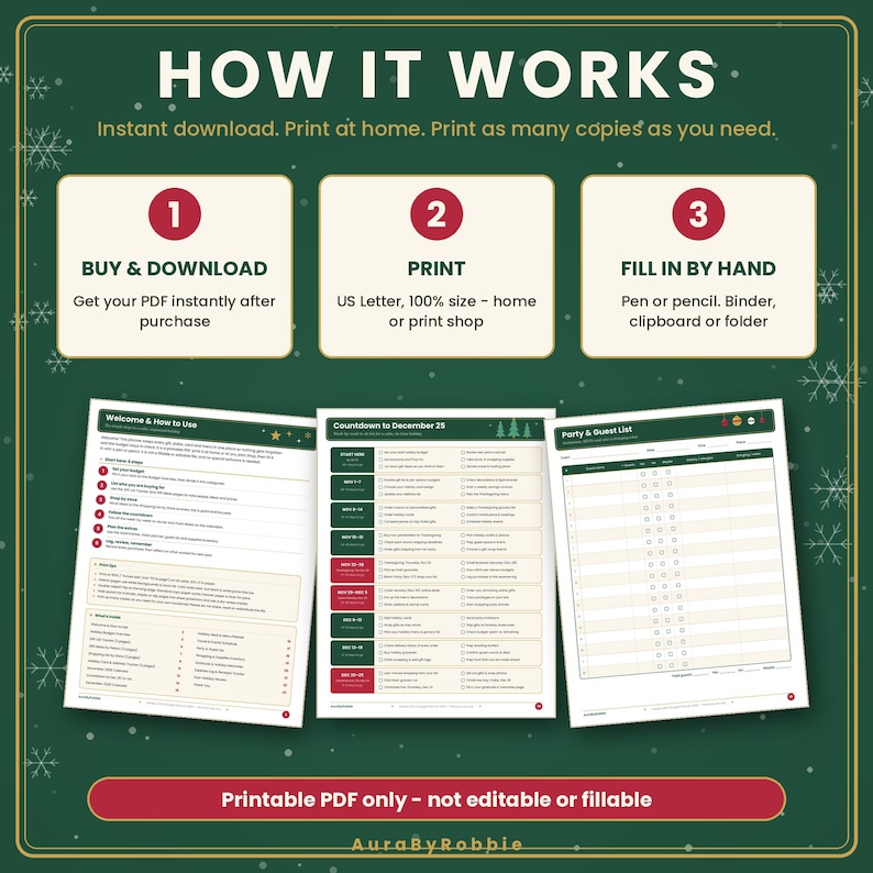May include: A digital holiday planner guide with a dark green background featuring white snowflake patterns. The text reads HOW IT WORKS, BUY & DOWNLOAD, PRINT, FILL IN BY HAND, and includes three printable pages for planning and guest lists.
