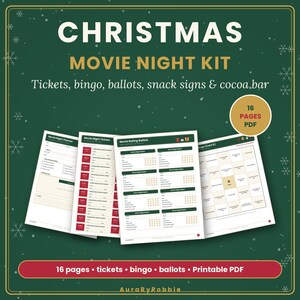 Utskrivbart kit för julfilmkväll, bingo för familjefilmkväll, biljetter, röstsedlar för betyg, snacksskyltar, chokladkaka, PDF-bevakningslista bild 1