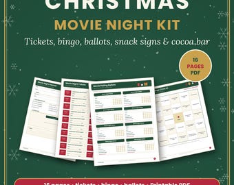 Peut inclure: Un kit de soirée cinéma de Noël en PDF imprimable de 16 pages comprenant des billets, des cartes de bingo, des bulletins de vote et des panneaux pour collations. Le set inclut un planificateur, des billets rouges et des cartes de bingo.