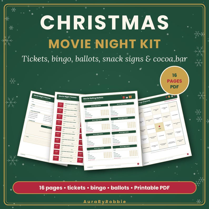 Utskrivbart kit för julfilmkväll, bingo för familjefilmkväll, biljetter, röstsedlar för betyg, snacksskyltar, chokladkaka, PDF-bevakningslista bild 1