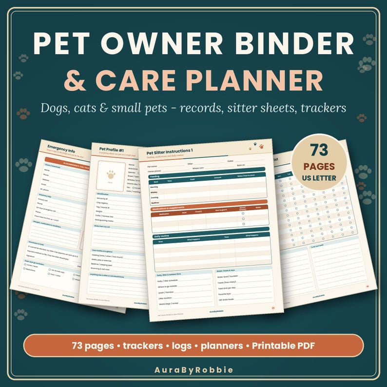Carpeta para dueños de mascotas y planificador de cuidados imprimible / Registro de cuidados para perros y gatos, historial veterinario, información del cuidador de mascotas, seguimiento de vacunas, calendario 2027 en PDF imagen 1