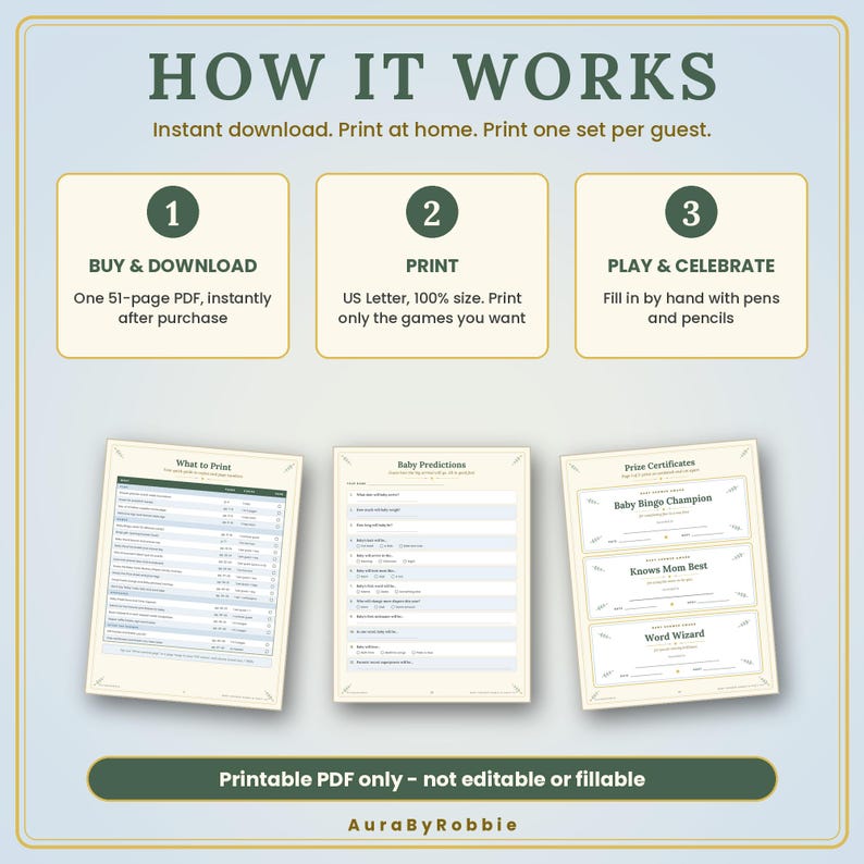 May include: A digital instruction graphic titled HOW IT WORKS with three steps: 1. BUY & DOWNLOAD, 2. PRINT, 3. PLAY & CELEBRATE. Below are three sample pages: What to Print, Baby Predictions, and Prize Certificates. Text states: Printable PDF only.