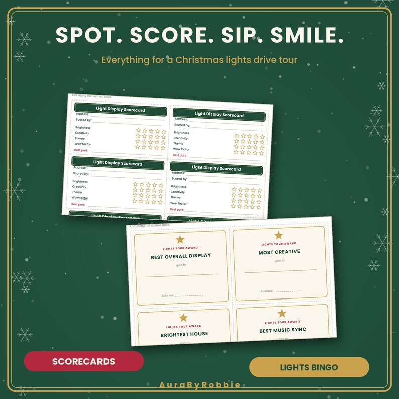 Christmas Lights Tour Printable Kit, Drive Tour Bingo, Scorecards, Scavenger Hunt, Route Planner, Family Christmas Activity PDF image 3
