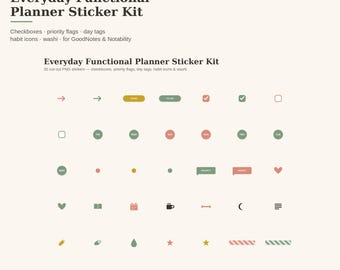 Digital Planner Stickers GoodNotes Notability | 35 Functional PNG Stickers Checkbox Habit Tracker Day Tags Washi | Cut Out PNG