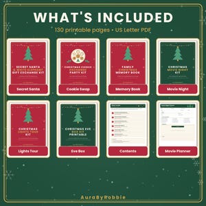 Pode incluir: Uma cole&ccedil;&atilde;o digital de 130 p&aacute;ginas imprim&iacute;veis em formato PDF US Letter, apresentando oito kits com temas natalinos, incluindo Secret Santa, troca de biscoitos, livro de mem&oacute;rias, noite de cinema, tour de luzes e caixa de v&eacute;spera, com p&aacute;ginas de conte&uacute;do.