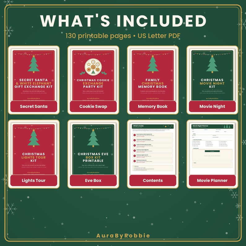 Pode incluir: Uma cole&ccedil;&atilde;o digital de 130 p&aacute;ginas imprim&iacute;veis em formato PDF US Letter, apresentando oito kits com temas natalinos, incluindo Secret Santa, troca de biscoitos, livro de mem&oacute;rias, noite de cinema, tour de luzes e caixa de v&eacute;spera, com p&aacute;ginas de conte&uacute;do.
