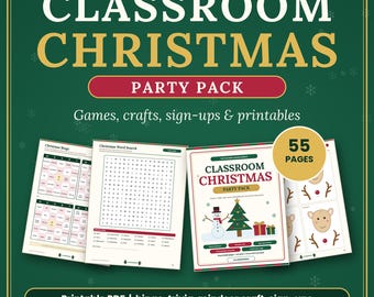 May include: A Classroom Christmas Party Pack printable PDF set featuring 55 pages of games, crafts, sign-ups, and printables. The collection includes Christmas bingo, a word search, a snowman and tree graphic, and reindeer craft templates.