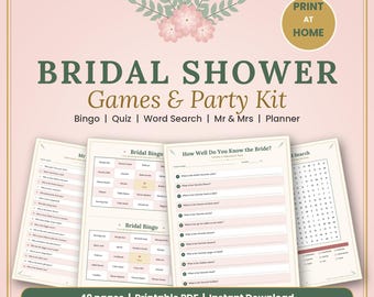 May include: A bridal shower games and party kit printable PDF featuring a pink background with floral illustrations. The text reads Bridal Shower Games & Party Kit, Print At Home, and includes bingo, quiz, word search, and planner pages.