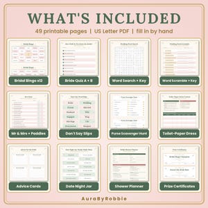 May include: A collection of 49 printable wedding game pages in US Letter PDF format. The set includes Bridal Bingo, Bride Quiz, Word Search, Word Scramble, Mr & Mrs, Don't Say Slips, Purse Scavenger Hunt, Toilet-Paper Dress, Advice Cards, Date Night Jar, Shower Planner, and Prize Certificates.