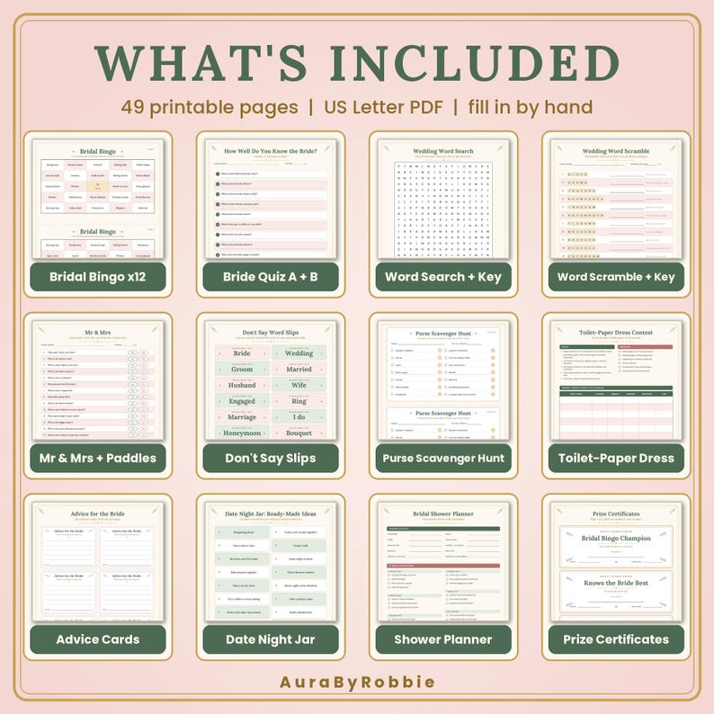 May include: A collection of 49 printable wedding game pages in US Letter PDF format. The set includes Bridal Bingo, Bride Quiz, Word Search, Word Scramble, Mr & Mrs, Don't Say Slips, Purse Scavenger Hunt, Toilet-Paper Dress, Advice Cards, Date Night Jar, Shower Planner, and Prize Certificates.