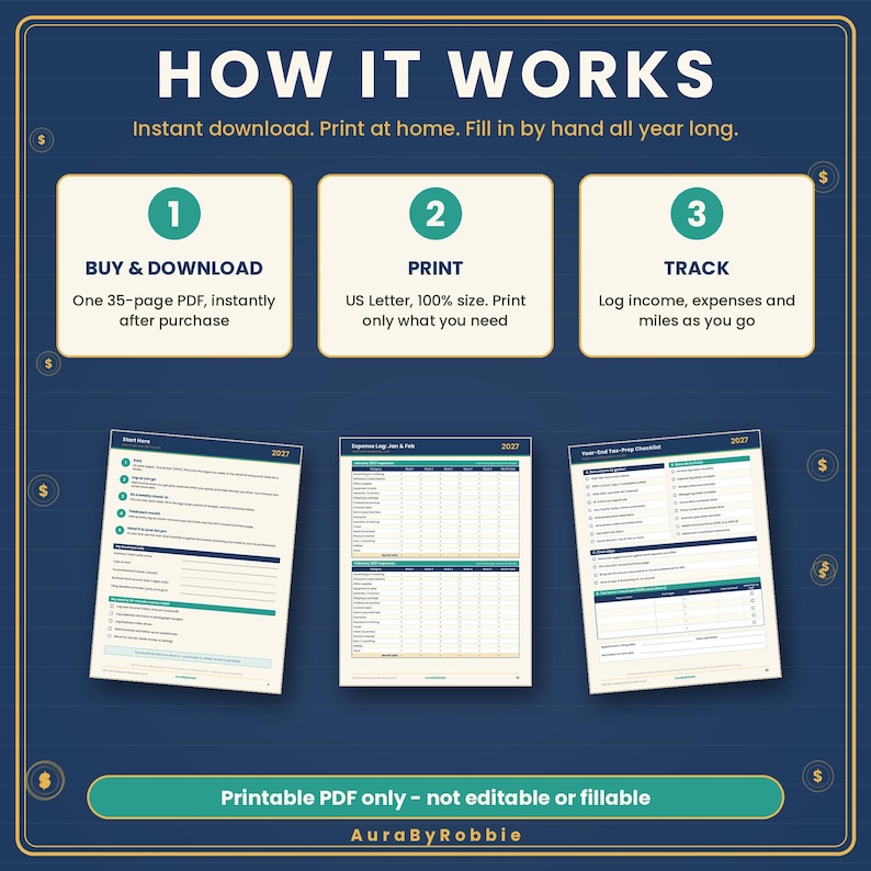 May include: A dark blue instructional graphic titled HOW IT WORKS with three steps: 1 BUY & DOWNLOAD, 2 PRINT, and 3 TRACK. Below are three sample pages of a 35-page printable PDF expense tracker for 2027. Text notes it is not editable.