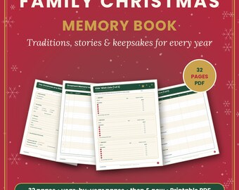 Utskrivbar familjeminnesbok med jul, dagbok med högtidstraditioner, årlig klippbok med minnessaker, julgransdekorationslogg, önskelista för barn i PDF-format