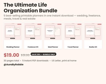 Printable Planner Bundle | 5 Life Organization Kits - Wedding, Freelancer, Meal, Travel & Real Estate | Instant Download PDF