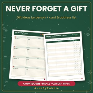 May include: Two printable planner pages with a dark green background. The left page is titled Gift Ideas by Person, and the right page is titled Holiday Card & Address Tracker. The text NEVER FORGET A GIFT is at the top, and COUNTDOWN &bull; MEALS &bull; CARDS &bull; GIFTS is at the bottom.