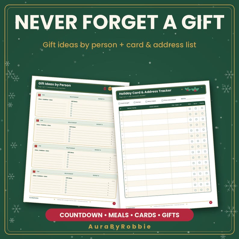 May include: Two printable planner pages with a dark green background. The left page is titled Gift Ideas by Person, and the right page is titled Holiday Card & Address Tracker. The text NEVER FORGET A GIFT is at the top, and COUNTDOWN &bull; MEALS &bull; CARDS &bull; GIFTS is at the bottom.