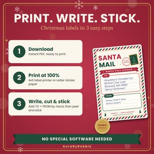 May include: A red graphic featuring instructions for Christmas labels: Download, Print at 100%, and Write, cut & stick. It displays a Santa Mail label example with a North Pole Express stamp, To and From fields, and the text No special software needed.