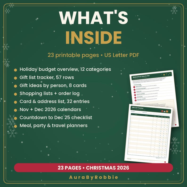 May include: A digital planner set titled WHAT'S INSIDE with 23 printable pages in US Letter PDF format. It includes a holiday budget overview, gift list tracker, gift ideas, shopping lists, address list, 2026 calendars, and meal planners.