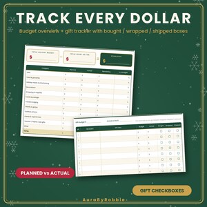 May include: A holiday budget and gift tracker planner sheet featuring a dark green background with white snowflake accents. The document includes tables for tracking total holiday spending, categories, gift ideas, and checkboxes for bought, wrapped, and shipped items.
