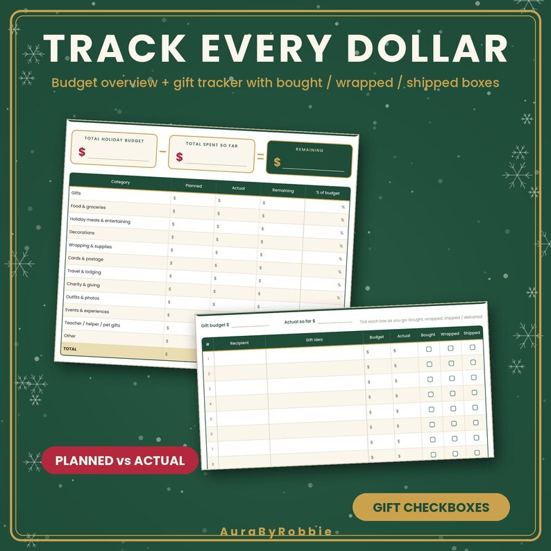 May include: A holiday budget and gift tracker planner sheet featuring a dark green background with white snowflake accents. The document includes tables for tracking total holiday spending, categories, gift ideas, and checkboxes for bought, wrapped, and shipped items.