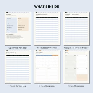 May include: A digital planner layout featuring six distinct pages labeled What's Inside, including a Start Here page, Weekly Lesson Overview, Assignment & Grade Tracker, Parent Contact Log, February 2027 monthly calendar, and a Week 1 weekly spread.
