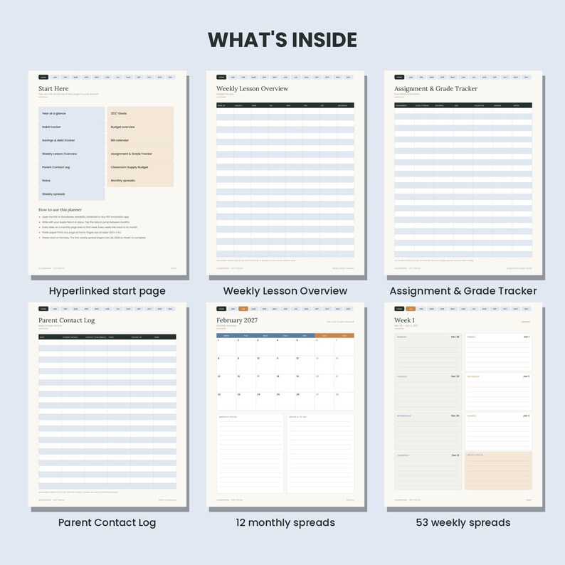 May include: A digital planner layout featuring six distinct pages labeled What's Inside, including a Start Here page, Weekly Lesson Overview, Assignment & Grade Tracker, Parent Contact Log, February 2027 monthly calendar, and a Week 1 weekly spread.