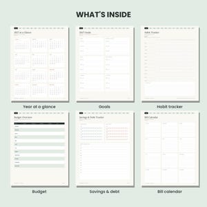 May include: A digital planner layout featuring six pages titled What's Inside, 2027 at a Glance, 2027 Goals, Habit Tracker, Budget Overview, Savings & Debt Tracker, and Bill Calendar, with white backgrounds and black text.