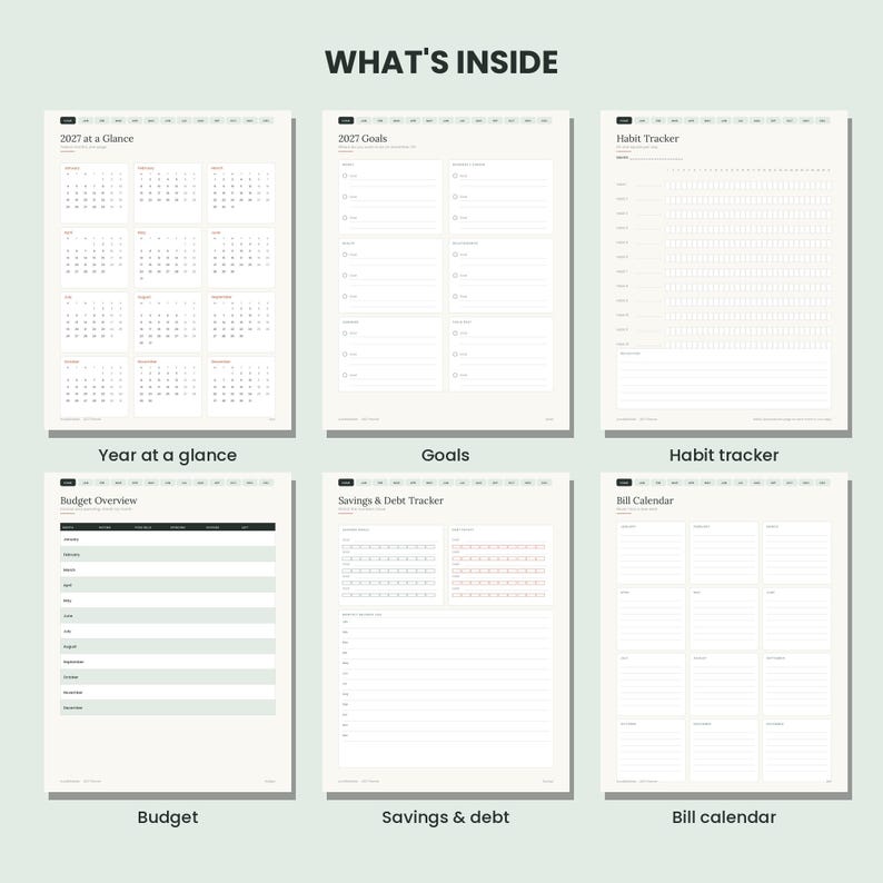 May include: A digital planner layout featuring six pages titled What's Inside, 2027 at a Glance, 2027 Goals, Habit Tracker, Budget Overview, Savings & Debt Tracker, and Bill Calendar, with white backgrounds and black text.