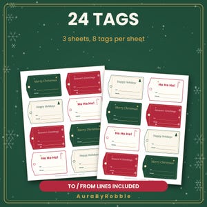 Christmas Gift Tags Printable, 24 Holiday Gift Tags with To and From Lines, 4 Designs, PDF Instant Download image 2