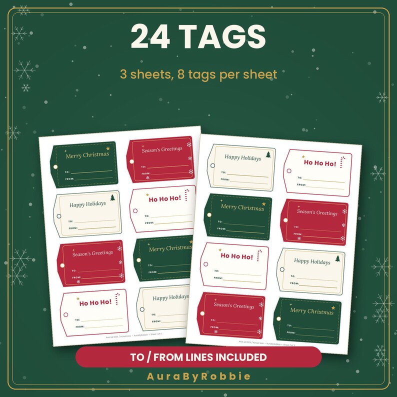 Christmas Gift Tags Printable, 24 Holiday Gift Tags with To and From Lines, 4 Designs, PDF Instant Download image 2