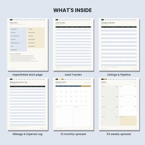 May include: A digital planner layout titled WHAT'S INSIDE, featuring six pages: a hyperlinked start page, a lead tracker, a listings and pipeline table, a mileage and expense log, a February 2027 monthly calendar, and a weekly spread.