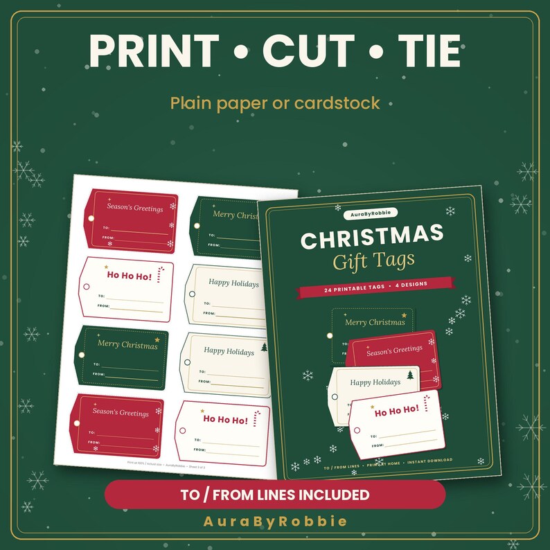 Christmas Gift Tags Printable, 24 Holiday Gift Tags with To and From Lines, 4 Designs, PDF Instant Download image 8