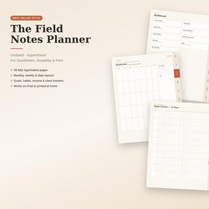 May include: A digital planner titled The Field Notes Planner with undated, hyperlinked pages for GoodNotes, Notability, and print. The layout includes a dashboard, monthly views, and a 31-day habit tracker with white pages and dark text.